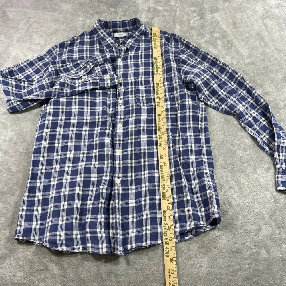 Uniqlo Button Up Shirt Mens Large Blue Plaid 100% Linen Long Sleeve Pocket‎